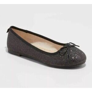 Cat & Jack Girls Glitter Ballet Flats Shoes Size 1 Black Slip On Holiday Sparkle